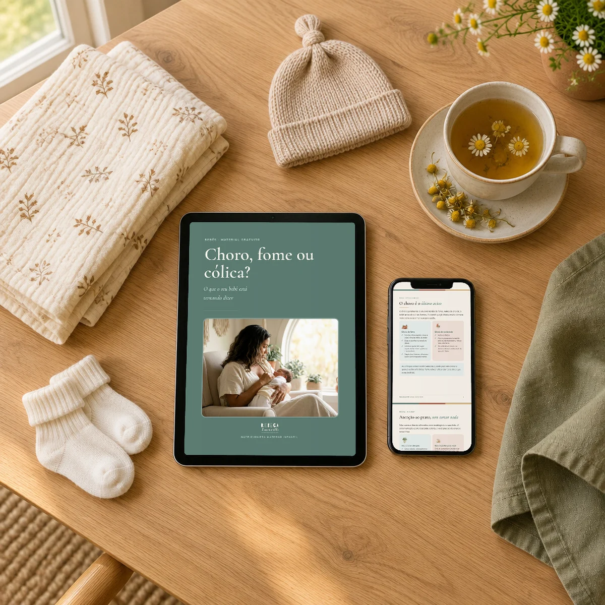 E-book Choro, fome ou cólica? aberto num tablet e num celular
