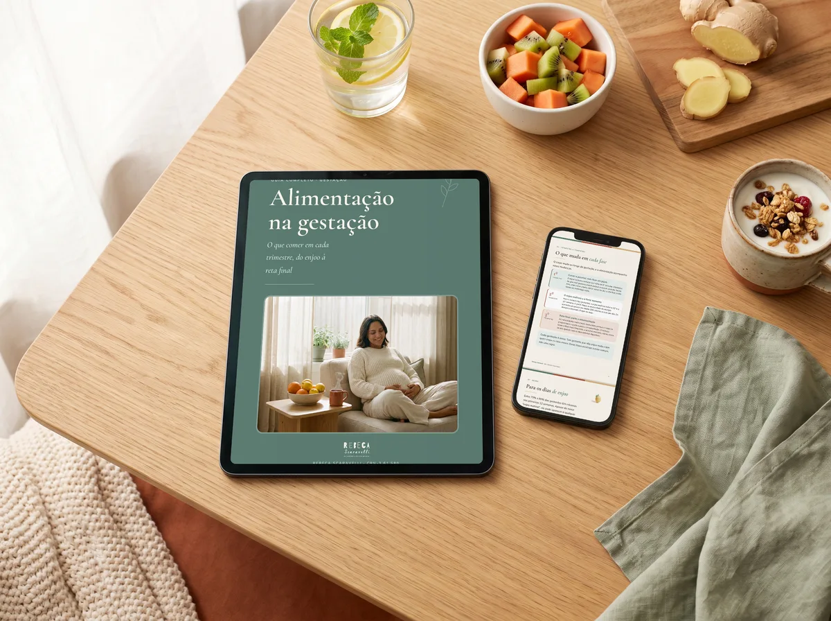 E-book Alimentação na Gestação aberto num tablet e num celular